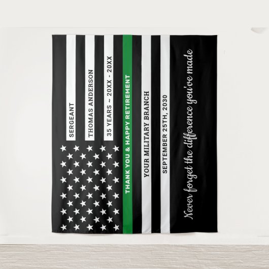 軍隊除パーソナライズされた退用薄い緑の線 タペストリー (正面)