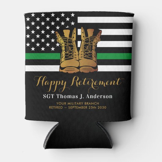 軍隊除パーソナライズされた退用薄い緑の線 缶クーラー (正面)