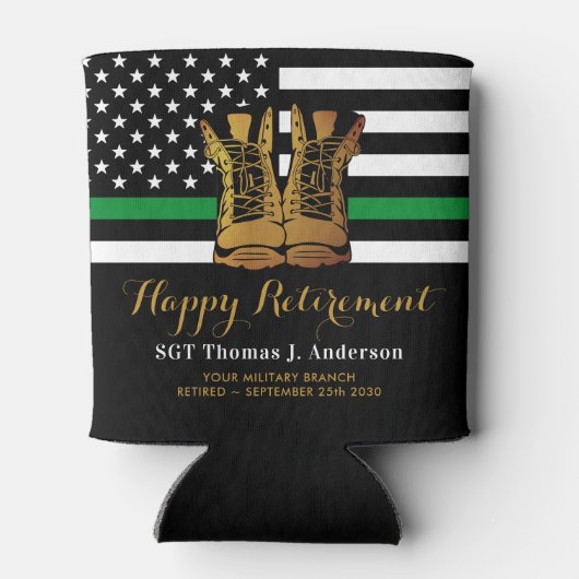 軍隊除パーソナライズされた退用薄い緑の線 缶クーラー (裏面)