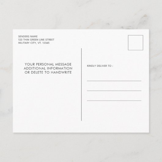 軍隊除・売却の細い緑の線のフラグの凡例 インビテーションポストカード (裏面)