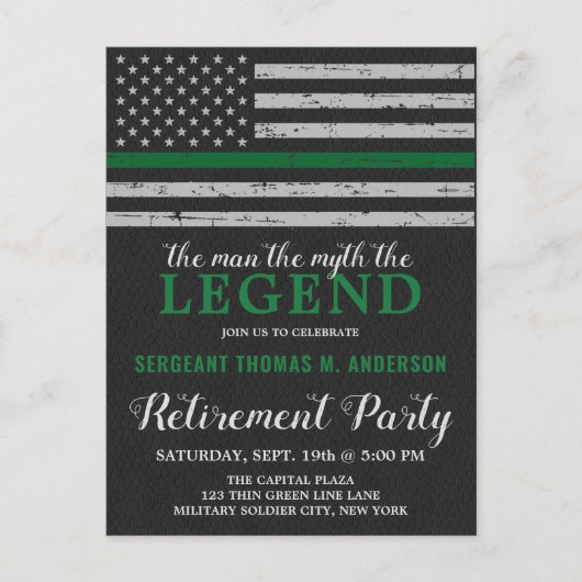 軍隊除・売却の細い緑の線フラグパーティー インビテーションポストカード (正面)
