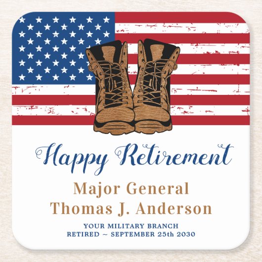 軍隊陸軍米国旗ブーツ退職パーティー スクエアペーパーコースター (正面)