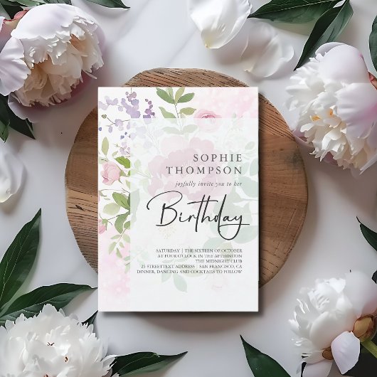 軟牡丹のエレガント誕生日 招待状
