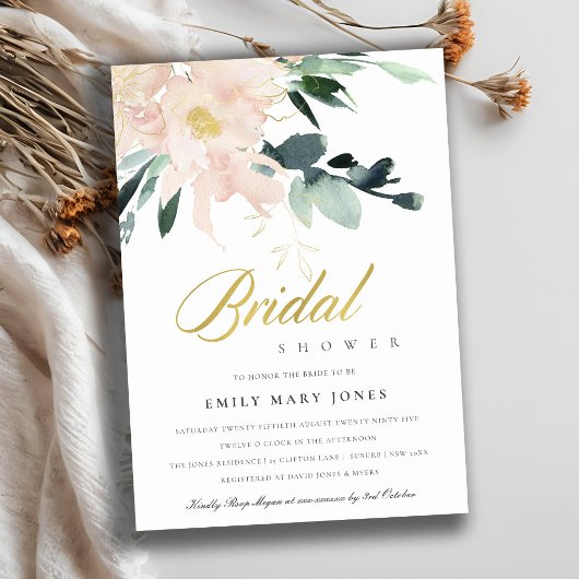 軟質赤面フローラ金ゴールド水彩ブライダルシャワー 招待状