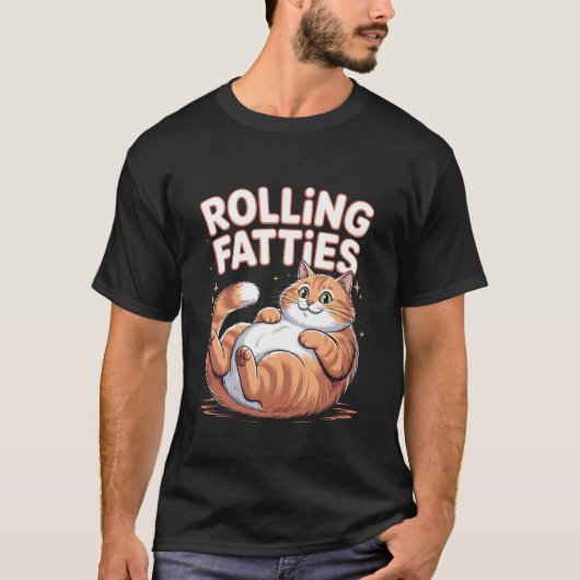 転がる太っちょ猫の面白いマッサージ デザイン1 Tシャツ (正面)