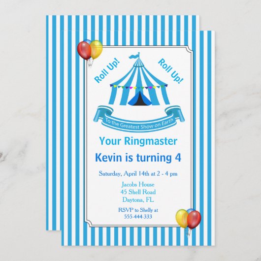 転が上!転が上!サーカスバースデーパーティーブルー 招待状 (正面/裏面)