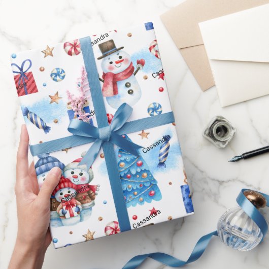 転が、名前休日雪だるまファミリー赤 – 青パターン ラッピングペーパー (ギフト)