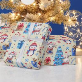 転が、Name Holiday Animals Red-Blue Whimsy Pattern ラッピングペーパー
