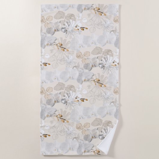 軽いクリームに白いラン ビーチタオル (正面)