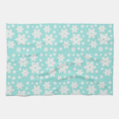 軽いティール（緑がかった色）の青い雪片パターン キッチンタオル (横)