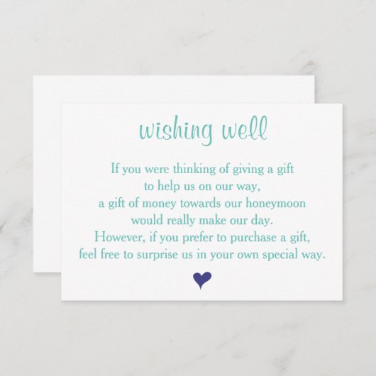 軽いティール(緑がかった色)ウィッシングウェルウェディングカード エンクロージャーカード (正面/裏面)