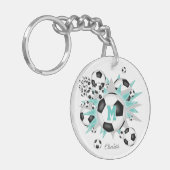 軽いティール(緑がかった色)サッカーボールのパンク女モノグラムのの子 キーホルダー (正面左)