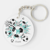 軽いティール(緑がかった色)サッカーボールのパンク女モノグラムのの子 キーホルダー (裏面)