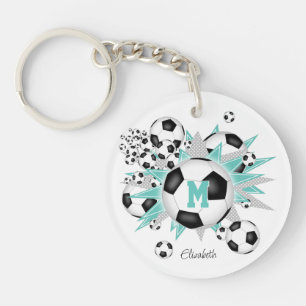 軽いティール(緑がかった色)サッカーボールのパンク女モノグラムのの子 キーホルダー