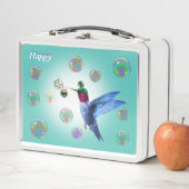 軽いティール(緑がかった色)ブルーに可愛いハミングバード&ソープバブル メタルランチボックス (インサイチュ)