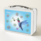 軽いティール(緑がかった色)ブルーに可愛いハミングバード&ソープバブル メタルランチボックス (裏面)