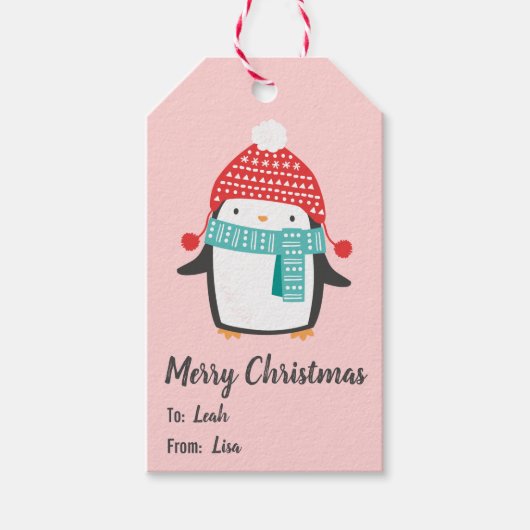 軽いピンクの可愛いクリスマスペンギン ギフトタグ (正面)