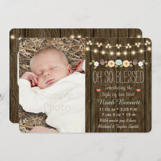 軽いベビーの発表のティール(緑がかった色)の秋の素朴な一連 案内状 (正面/裏面)