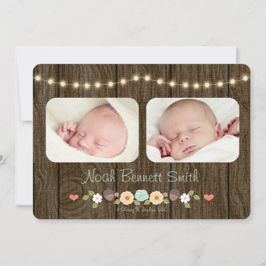 軽いベビーの発表のティール(緑がかった色)の秋の素朴な一連 案内状 (裏面)