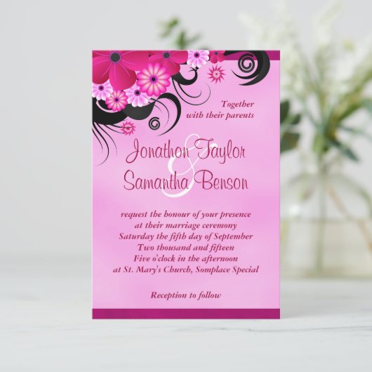 軽い明るい赤紫色フローラ3.5インチx 5インチ結婚式 招待状 (スタンド正面)