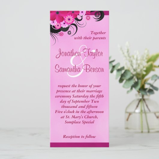 軽い明るい赤紫色フローラ4インチx 9.25インチウェディング招待 招待状 (スタンド正面)
