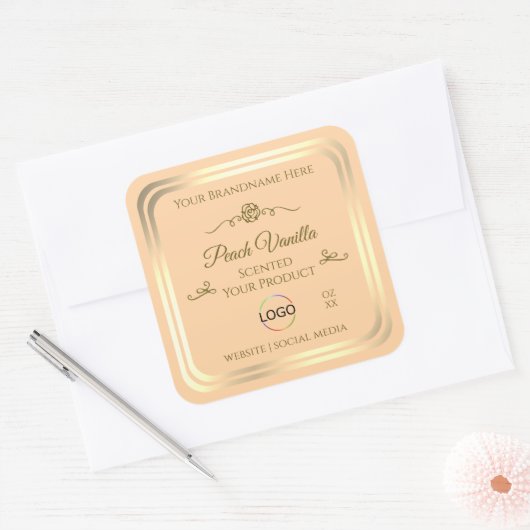 軽い桃の製品ラベルと金ゴールドフレームとロゴ スクエアシール (封筒)