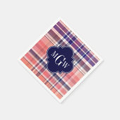 軽い珊瑚海軍白くプレッピーなマドラスのモノグラム スタンダードカクテルナプキン (角)