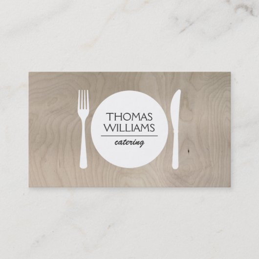 軽い素朴木目にフォーク、ナイフ、プレートロゴ 名刺 (正面)