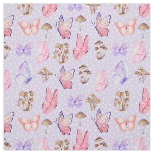 軽い紫の蝶とキノコ ファブリック (見本)