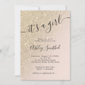 軽い金ゴールドのグリッターのピンクのグラデーションなブロックのベビーシャワー 招待状 (正面)