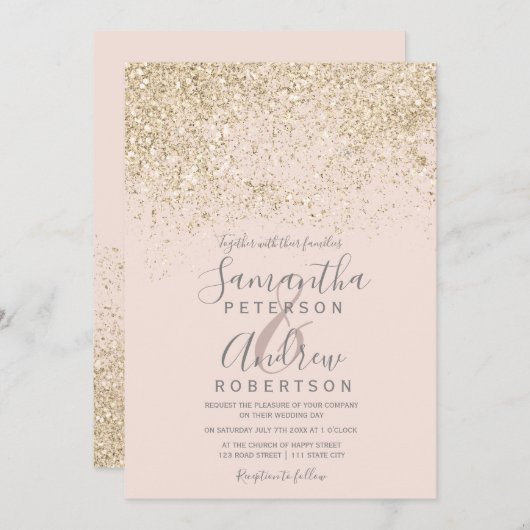 軽い金ゴールドグリッター赤面エレガントピンクチ結婚ック 招待状 (正面/裏面)