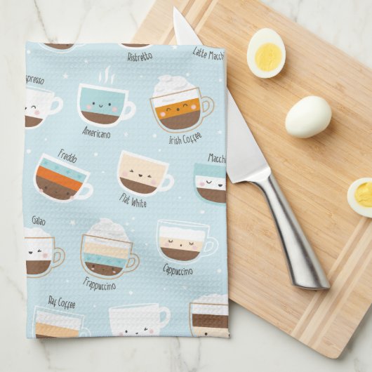 軽い青のコーヒーのかわいいカップ キッチンタオル (四つ折り)