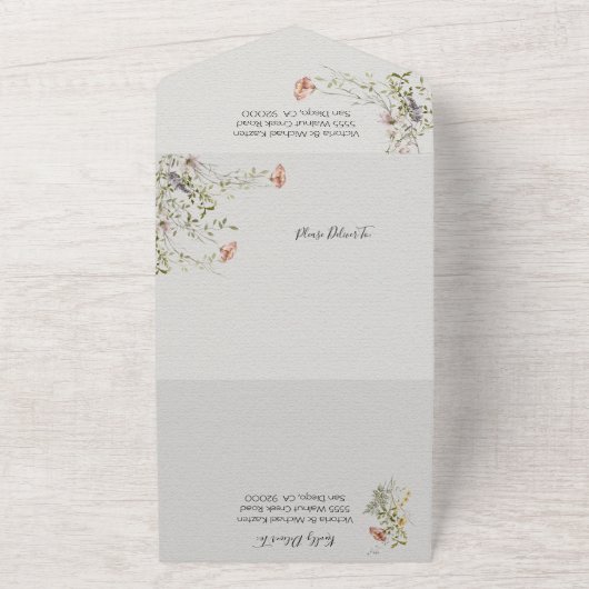 軽くて風通しの良いワイルドフラワー結婚の水色 オールインワン招待状 (外側)