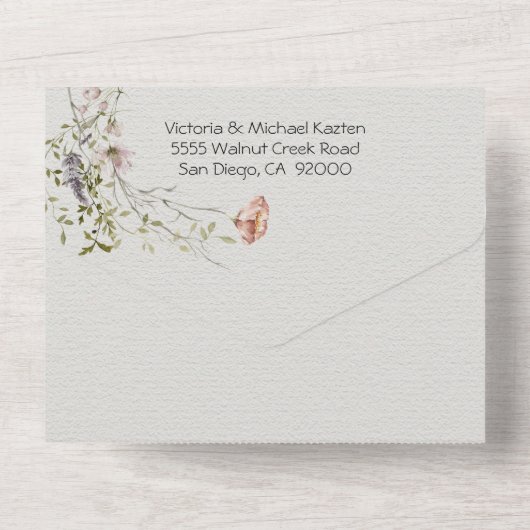 軽くて風通しの良いワイルドフラワー結婚の水色 オールインワン招待状 (裏面)