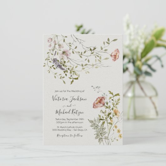 軽くて風通しの良いワイルドフラワー結婚の水色 招待状 (スタンド正面)