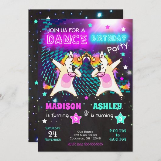 軽く押えるユニコーンの誕生日の招待状/接合箇所のパーティー 招待状 (正面/裏面)