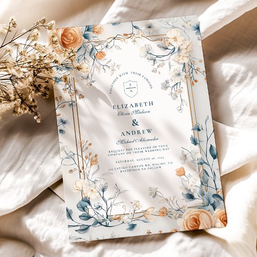 軽やかでヴィンテージな花とシダのウェディング 招待状