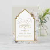 軽エレガントいベージュマグノリア花の日付を保存 招待状 (スタンド正面)