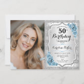 軽エレガントい埃っぽい青いバラ写真50誕生日 招待状 (正面)