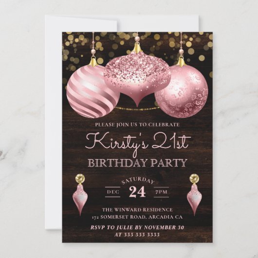 軽エレガントピンクのクリスマスバウブル21歳の誕生日 招待状 (正面)