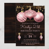 軽エレガントピンクのクリスマスバウブル21歳の誕生日 招待状 (正面/裏面)