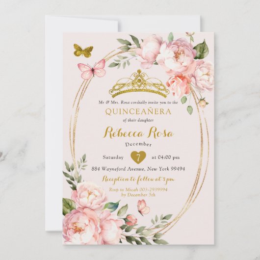 軽エレガント王室のピンクの金ゴールドバタフライミンス 招待状 (正面)