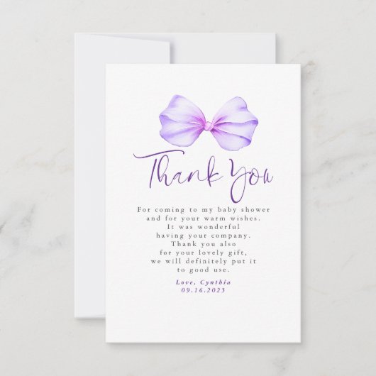 軽エレガント紫バウ赤ちゃんシャワーありがとう サンキューカード (正面)