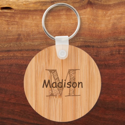 軽カッコいい茶色の竹材プリントモノグラム キーホルダー (正面)