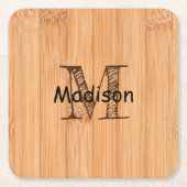 軽カッコいい茶色の竹材プリントモノグラム スクエアペーパーコースター (正面)