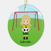 軽パーソナライズされた髪サッカー女子クリスマス セラミックオーナメント (左)