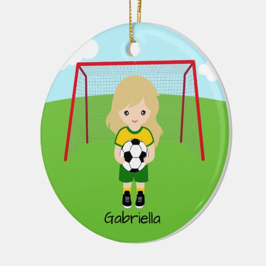 軽パーソナライズされた髪サッカー女子クリスマス セラミックオーナメント (左)