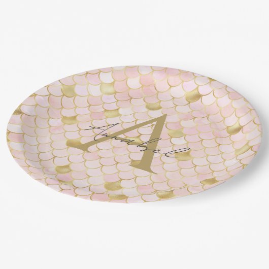 軽パーソナライズされたPInkと金ゴールドマーメイドはかりで測 ペーパープレート (アングル)