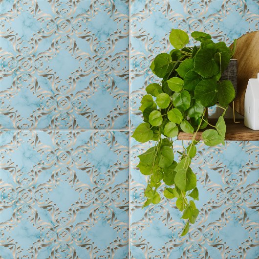 軽フェイクい青の大理石の金ゴールドダマスク模様 タイル