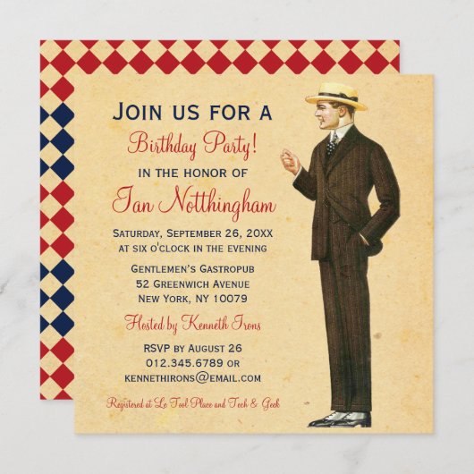 軽快な紳士のバースデーパーティ招待状 招待状 (正面/裏面)